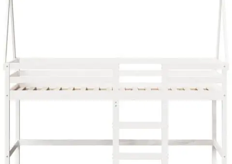 Pat etajat cu scară și acoperiș, alb, 90x190 cm, lemn masiv pin - 4/5