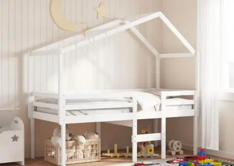 Pat înalt cu acoperiș, alb, 90x200 cm, lemn masiv de pin - 1/5