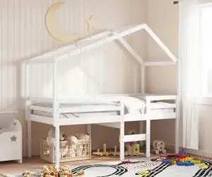 vidaXL Pat înalt cu acoperiș, alb, 90x200 cm, lemn masiv de pin