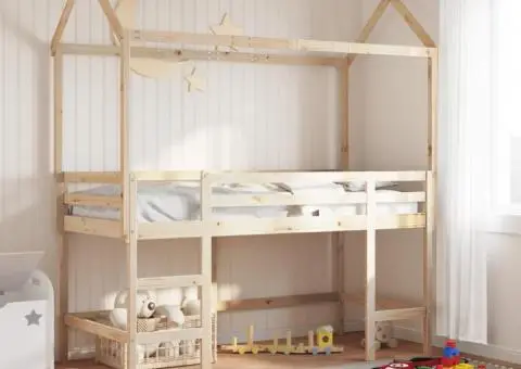 Pat etajat cu scară și acoperiș, alb, 90x190 cm, lemn masiv pin - 1/5