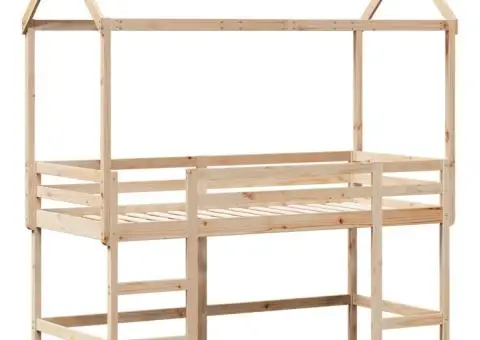 Pat etajat cu scară și acoperiș, alb, 90x190 cm, lemn masiv pin - 3/5