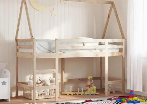 Pat etajat cu scară și acoperiș, alb, 90x190 cm, lemn masiv pin - 1/5