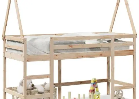 Pat etajat cu scară și acoperiș, alb, 90x190 cm, lemn masiv pin - 2/5