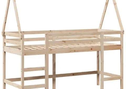 Pat etajat cu scară și acoperiș, alb, 90x190 cm, lemn masiv pin - 3/5