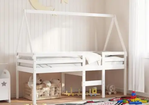 Pat înalt cu acoperiș, alb, 75x190 cm, lemn masiv de pin - 1/5