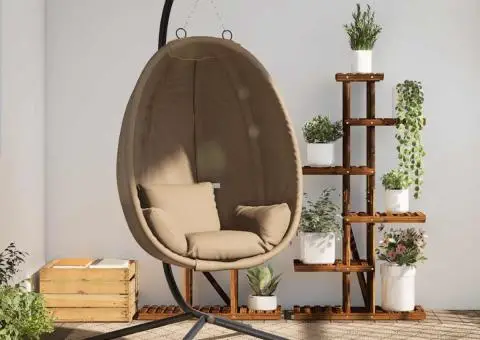 Scaun suspendat tip ou, cu suport, taupe, ratan și oțel - 1/5