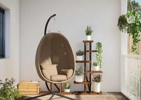 Scaun suspendat tip ou, cu suport, taupe, ratan și oțel - 3/5