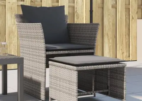 Scaun de grădină cu taburet, gri, poliratan - 1/5