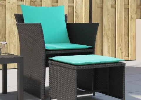 Scaun de grădină cu taburet, negru, poliratan - 1/5