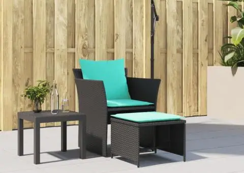 Scaun de grădină cu taburet, negru, poliratan - 3/5