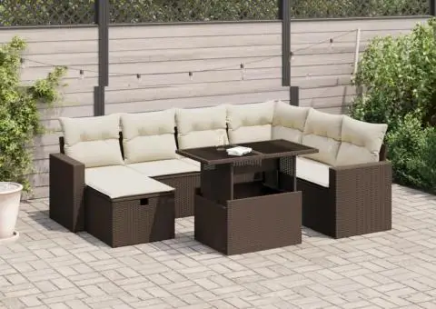 Set canapele de grădină cu perne, 8 piese, maro, poliratan - 1/5