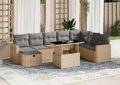 Set canapele de grădină, 9 piese, cu perne, bej, poliratan - 1/5