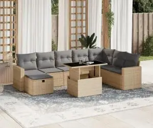 vidaXL Set canapele de grădină, 9 piese, cu perne, bej, poliratan