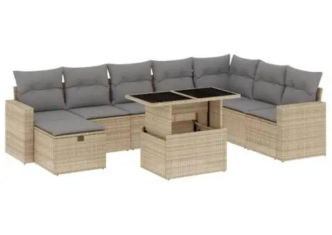 Set canapele de grădină, 9 piese, cu perne, bej, poliratan - 2/5