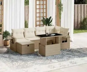vidaXL Set canapele de grădină, 7 piese, cu perne, bej, poliratan