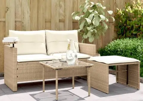 Set canapele de grădină, 3 piese, cu perne, bej, poliratan - 1/5