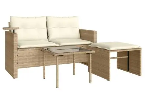 Set canapele de grădină, 3 piese, cu perne, bej, poliratan - 2/5