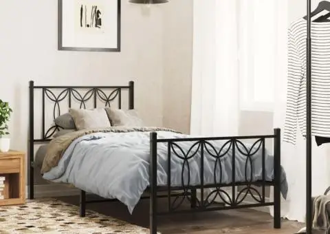 Cadru pat metalic cu tăblii de cap/picioare, negru, 90x190 cm - 1/5