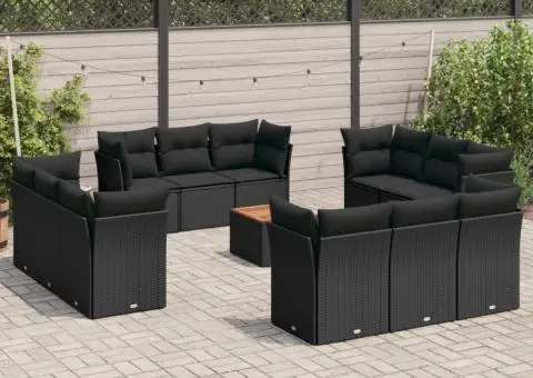 Set mobilier de grădină cu perne, 13 piese, negru, poliratan - 1/5