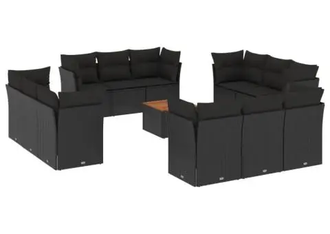 Set mobilier de grădină cu perne, 13 piese, negru, poliratan - 2/5