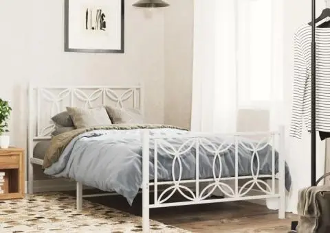 Cadru de pat metalic cu tăblie de cap/picioare, alb, 100x200 cm - 1/5