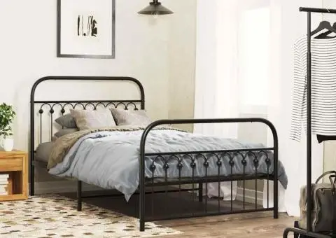 Cadru pat metalic cu tăblii de cap/picioare, negru, 107x203 cm - 1/5