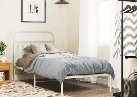 Cadru pat metalic cu tăblie, alb, 90x200 cm - 1/5