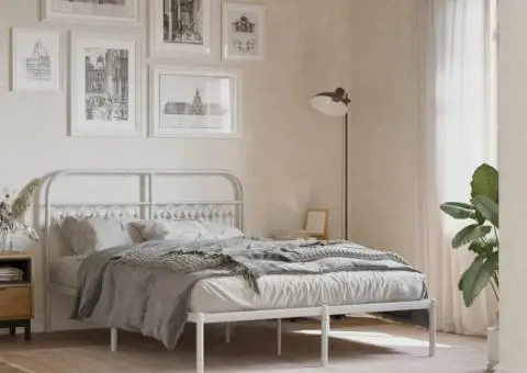 Cadru de pat metalic cu tăblie, alb, 140x190 cm - 1/5