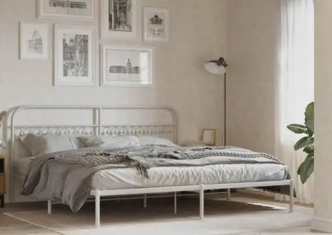 Cadru de pat metalic cu tăblie, alb, 200x200 cm - 1/5