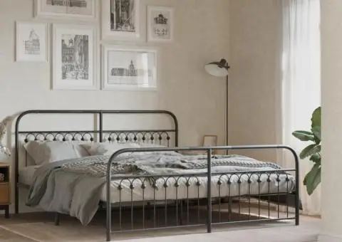Cadru pat metalic cu tăblii de cap/picioare, negru, 183x213 cm - 1/5