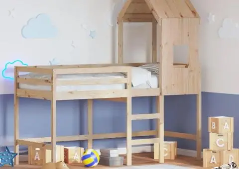 Pat etajat cu scară și acoperiș, alb, 90x200 cm, lemn masiv pin - 1/5