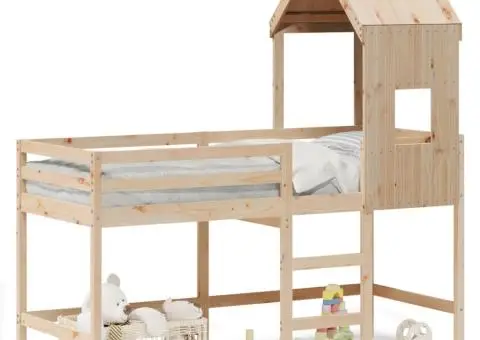 Pat etajat cu scară și acoperiș, alb, 90x200 cm, lemn masiv pin - 2/5