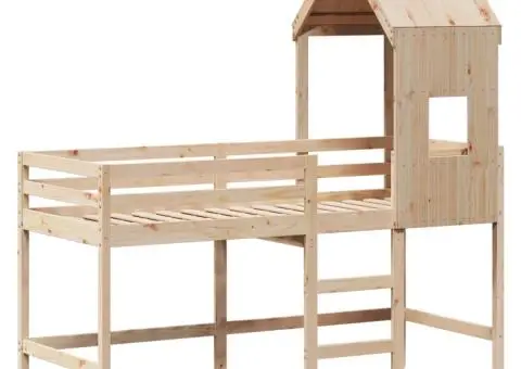 Pat etajat cu scară și acoperiș, alb, 90x200 cm, lemn masiv pin - 3/5