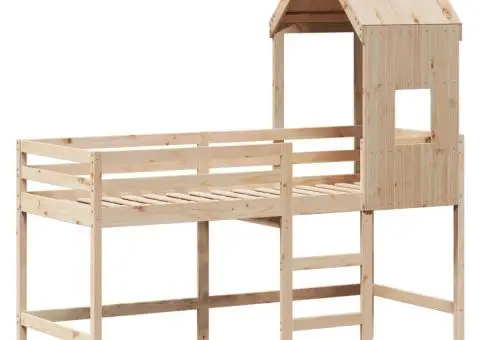 Pat etajat cu scară și acoperiș, alb, 90x200 cm, lemn masiv pin - 4/5