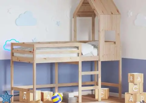 Pat etajat cu scară și acoperiș, alb, 90x190 cm, lemn masiv pin - 1/5