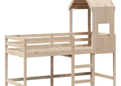 Pat etajat cu scară și acoperiș, alb, 90x190 cm, lemn masiv pin - 3/5