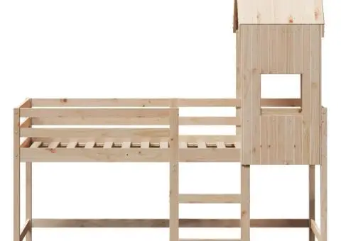 Pat etajat cu scară și acoperiș, alb, 90x190 cm, lemn masiv pin - 4/5