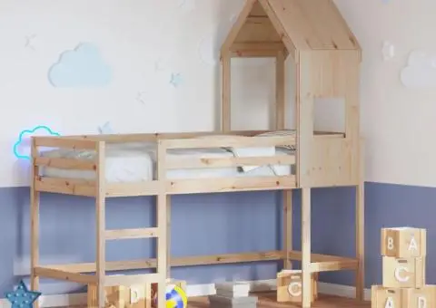 Pat etajat cu scară și acoperiș, alb, 90x190 cm, lemn masiv pin - 1/5