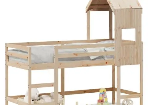 Pat etajat cu scară și acoperiș, alb, 90x190 cm, lemn masiv pin - 2/5