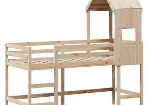 Pat etajat cu scară și acoperiș, alb, 90x190 cm, lemn masiv pin - 3/5