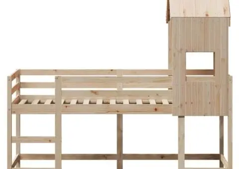 Pat etajat cu scară și acoperiș, alb, 90x190 cm, lemn masiv pin - 4/5