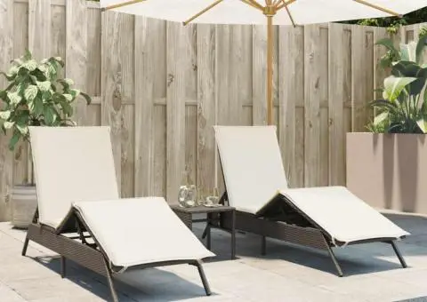 Șezlonguri de plajă cu perne, 2 buc., maro, poliratan - 1/5