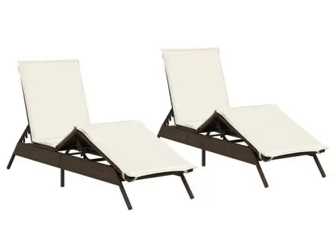 Șezlonguri de plajă cu perne, 2 buc., maro, poliratan - 2/5
