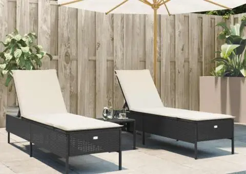 Șezlonguri de plajă cu perne, 2 buc., negru, poliratan - 1/5