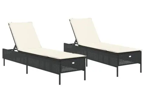Șezlonguri de plajă cu perne, 2 buc., negru, poliratan - 2/5