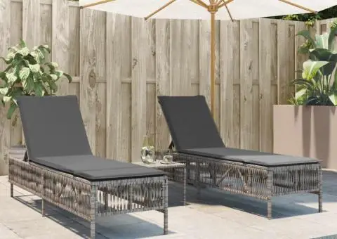 Șezlonguri de plajă cu perne, 2 buc., gri deschis, poliratan - 1/5
