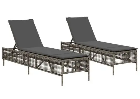 Șezlonguri de plajă cu perne, 2 buc., gri deschis, poliratan - 2/5