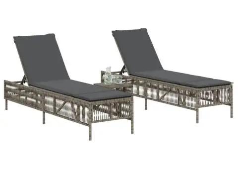 Șezlonguri de plajă cu perne, 2 buc., gri deschis, poliratan - 3/5