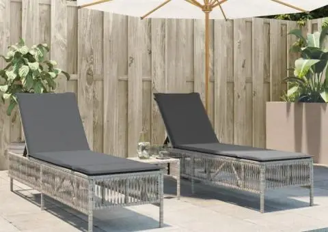Șezlonguri de plajă cu perne, 2 buc., gri deschis, poliratan - 1/5