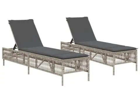 Șezlonguri de plajă cu perne, 2 buc., gri deschis, poliratan - 2/5